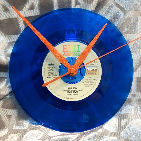 David Bowie Record Clock : Vintage 1984 "Blue Jean" single on blue 7" vinyl with custom orange glitter hands & hand painted box by TIME WARP