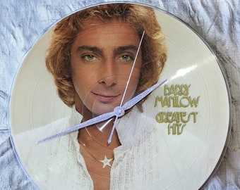 Barry Manilow Record Clock : vintage 1978 12 inch vinyl with custom mauve & iridescent white glitter hands and hand painted box