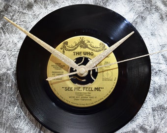 The Who Record Clock : Vintage 1969 "See Me, Feel Me" single 7" vinyl with custom gold glitter hands & hand painted box by TIME WARP