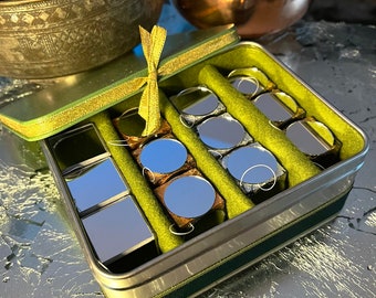 Set of 12 handmade metallic mirror cube ornaments in keepsake box : glass mirror and gold/silver/copper leaf over wood