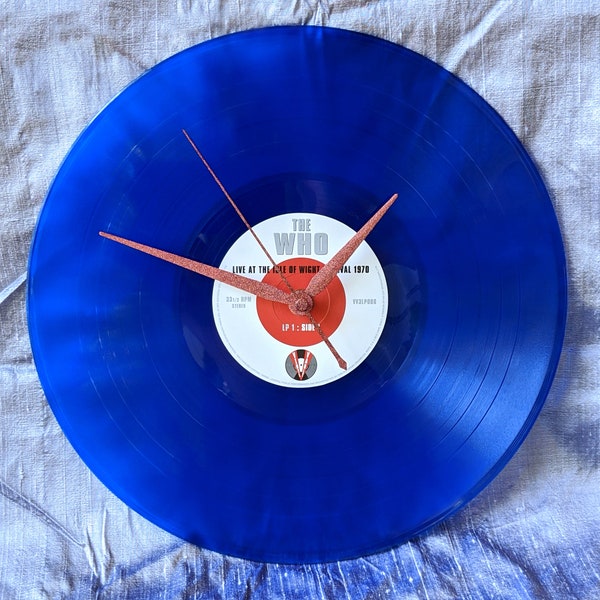 The Who Record Clock : "Isle of Wight" translucent blue 12 inch vinyl with custom orange holographic micro-glitter hands by TIME WARP