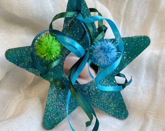 Set of 3 handmade star ornaments : teal turquoise-stained wood, iridescent glitter, coordinating ribbons & poms - great as gift tags too!