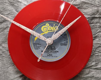 Michael Jackson Record Clock: vintage 1981 Don't Stop 'Til You Get It Right 7 inch red vinyl with custom glitter hands by TIME WARP