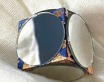 Handmade metallic mirror cube ornaments in copper leaf over cobalt blue dyed birchwood