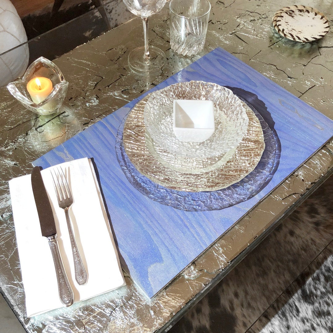 Smoke blue grey folding wood placemats : 12 x 18 - hand stained, shimmering  gloss finish, gold metallic accents, felt backing