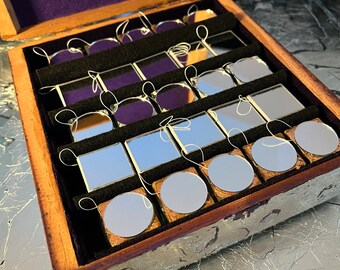 Set of 25 handmade metallic mirror cube ornaments in keepsake box : glass mirror and gold/silver/copper leaf over wood