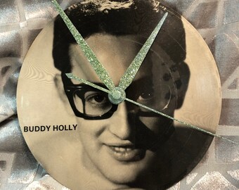 Buddy Holly Record Clock : vintage 1985 picture disc with custom green glitter hands & hand painted box by TIME WARP