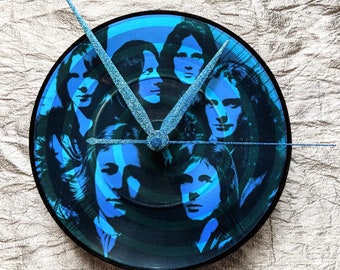 Foreigner Record Clock : vintage 1978 Blue Morning, Blue Day 7" picture disc with custom blue glitter hands & hand painted box by TIME WARP