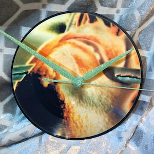 May include: A black vinyl record with a clock face and green hands. The record features a close-up image of a person's face.