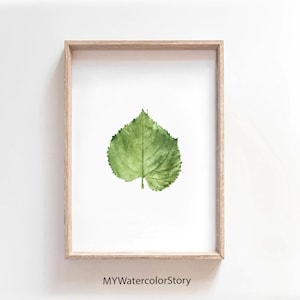Green Linden Leaf Print, Digital Watercolor Breadleaf Linden Leaf, Spring Tree Leaf Poster, Painting Linden ArtWork,Download Leaf Texture