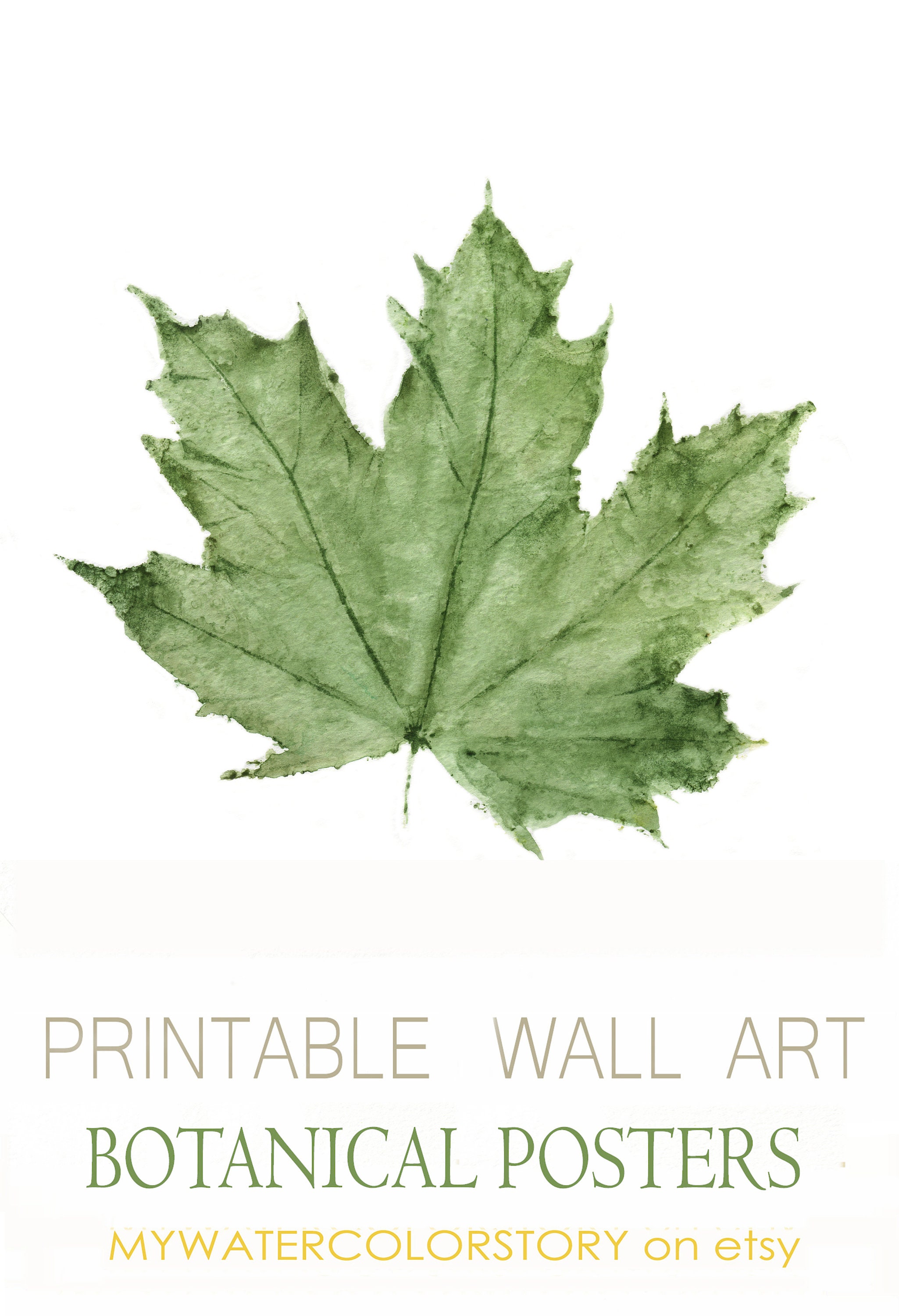 Green Maple Leaf Wall Art, Watecolor Maple Painting Artwork, Leaf