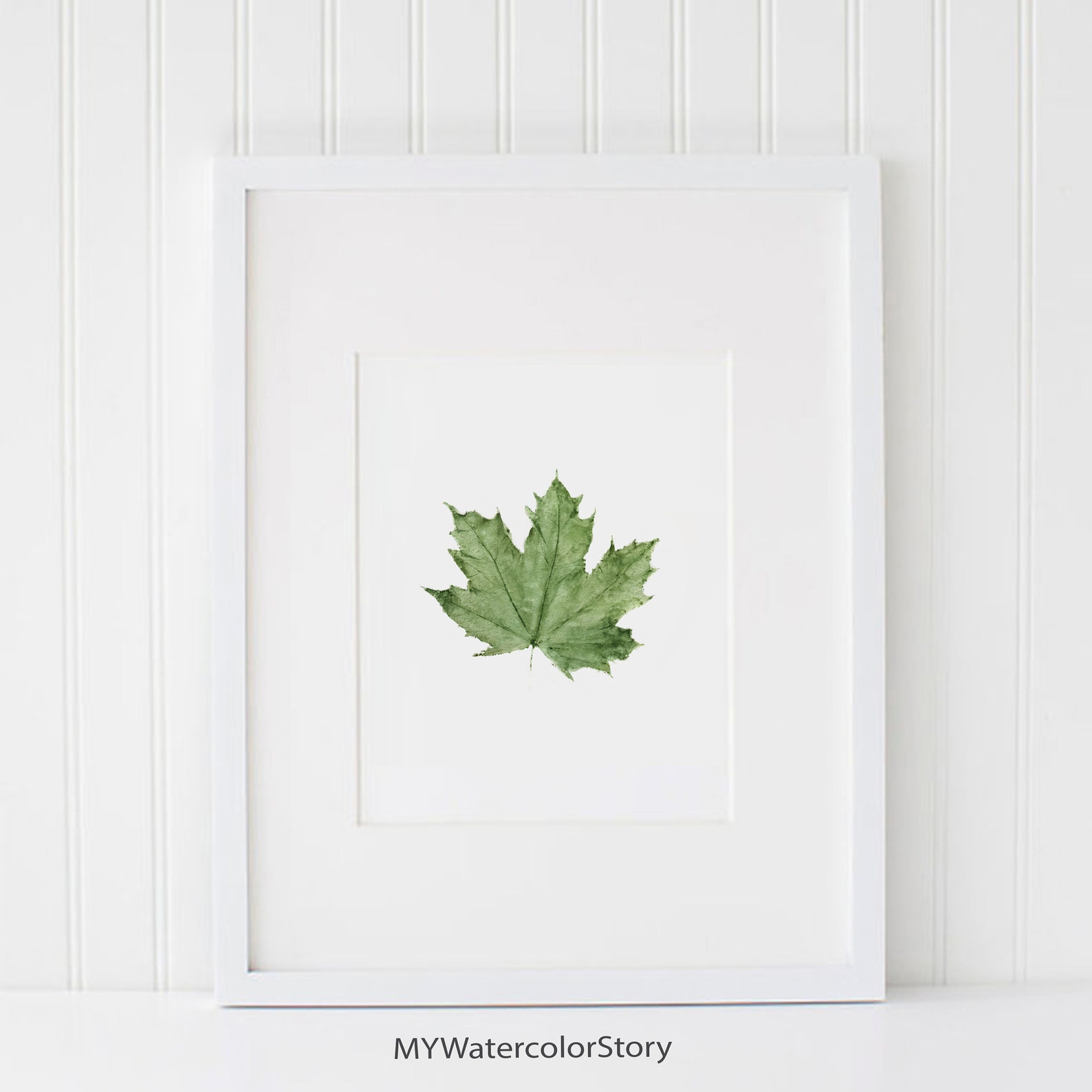 Green Maple Leaf Wall Art, Watecolor Maple Painting Artwork, Leaf