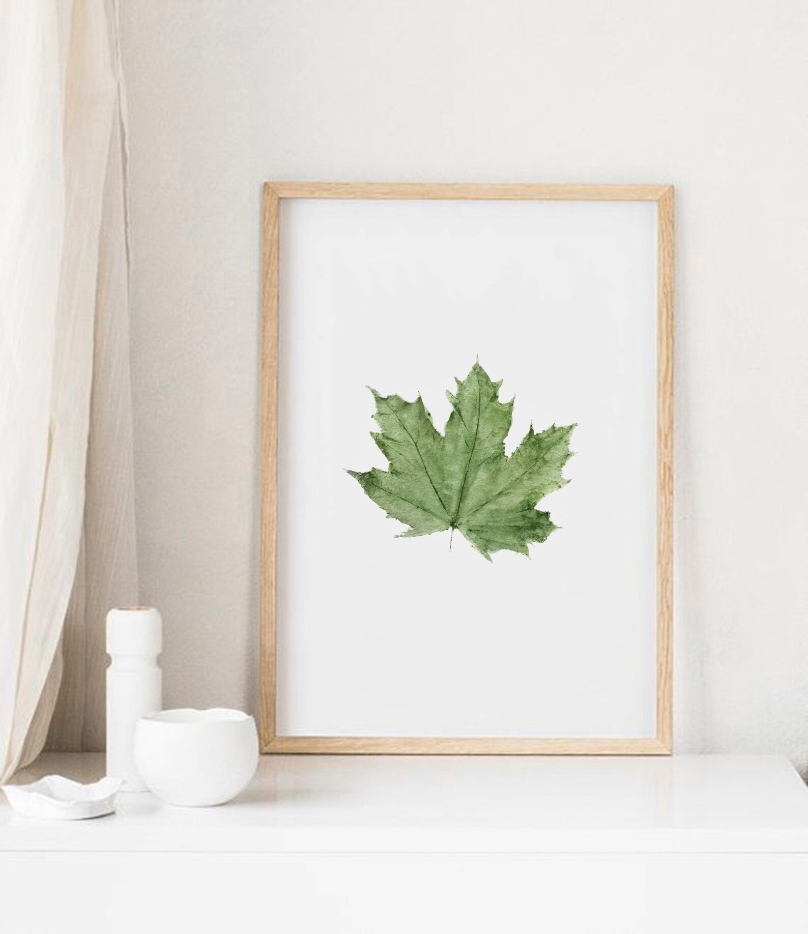 Green Maple Leaf Wall Art, Watecolor Maple Painting Artwork, Leaf