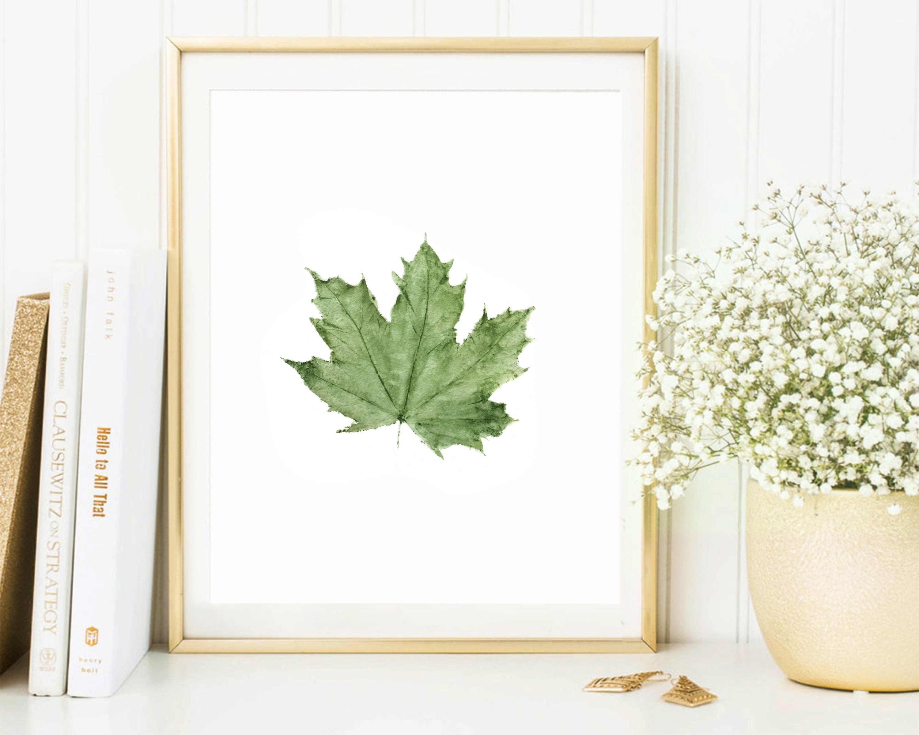 Green Maple Leaf Wall Art, Watecolor Maple Painting Artwork, Leaf