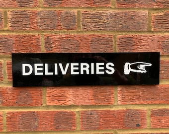 Vintage style Deliveries sign, hand painted with manicule