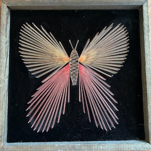 Op de afbeelding: Een vierkant wandkunstwerk met een vlinderontwerp van draadkunst. De vlinder is gemaakt met dunne, uitstralende draden in tinten oranje, geel en roze tegen een zwarte fluwelen achtergrond, gevat in een rustieke grijze houten lijst.