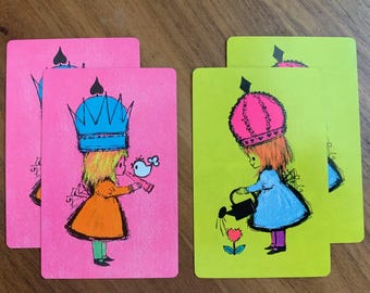 Carte da gioco vintage anni '60 con ragazze giardiniere - Set di 4 carte da scambiare per junk journal, artigianato, fai da te, effimeri di carta.