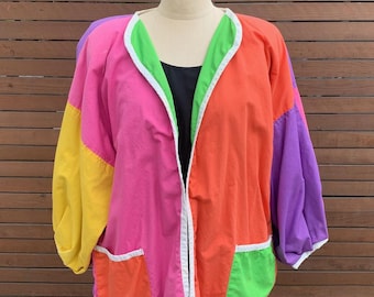 Cold Wave MEDIUM Coat Color Block Vintage Purple Green Pink Bright