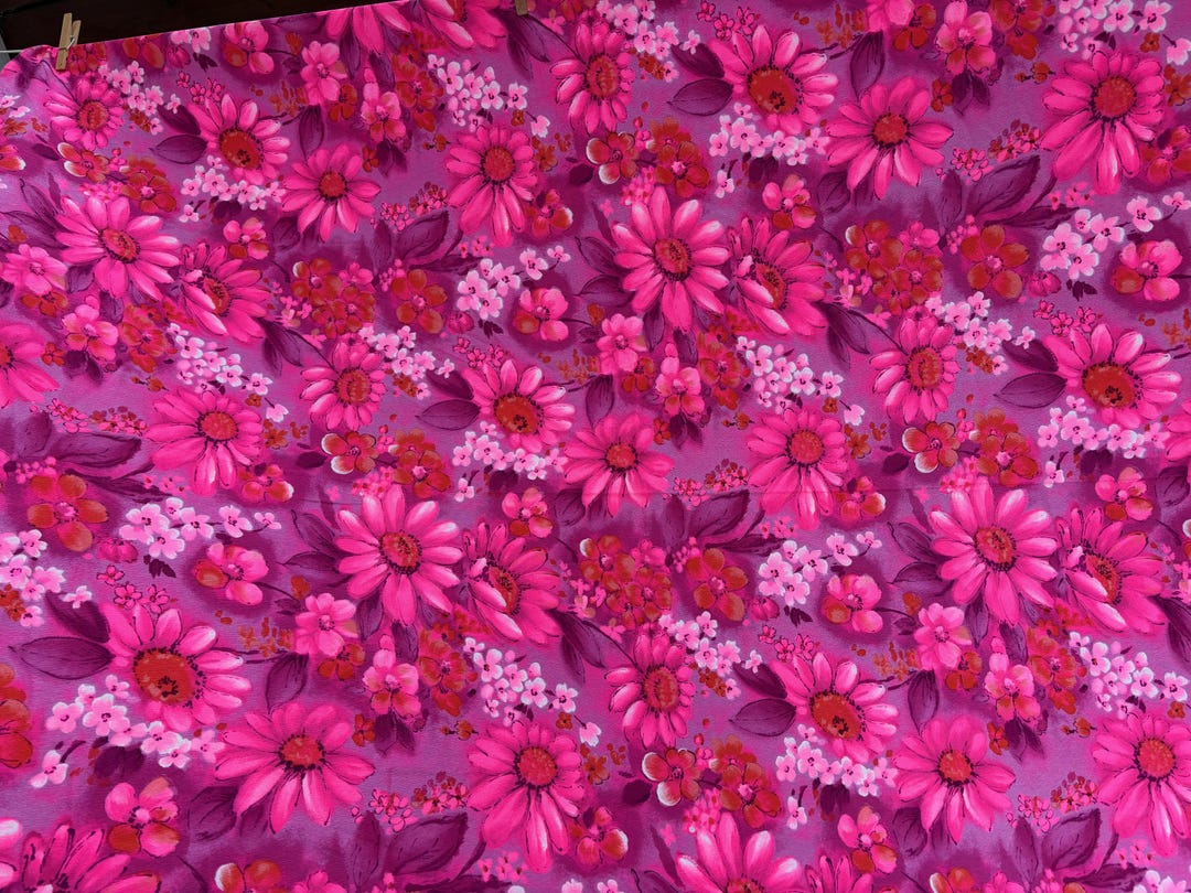 Vintage 70s Floral Fabric Hot Neon Pink Magenta Lavender Retro Flower vintage-70s-floral-fabric-hot-neon-pink-magenta-lavender-retro-flower