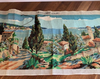 Vintage French Needlepoint Tapestry Canvas, Margot de Paris Needlepoint Kit, Mediterranean Coastal Landscape, Unfinished Gobelin