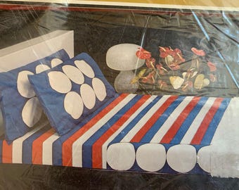 Vintage 70s Twin Flat Vera Neumann Sheet: Cabana in Red White Blue NOS NIP