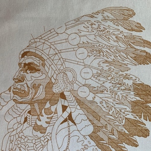 Vintage Sunset Stitchery Needlepoint Fabric &quot;Indian Chief&quot; 70s Crewel Wall Hanging