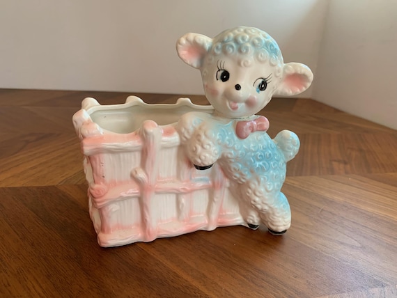 Vintage Inarco Japan Baby Lamb Planter / Pink, Blue and White / Ceramic Pottery Vase Kitsch