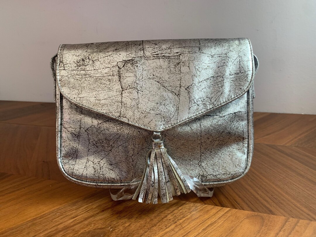 Vintage Halston Silver Leather Crossbody Bag, Y2K Metallic Evening