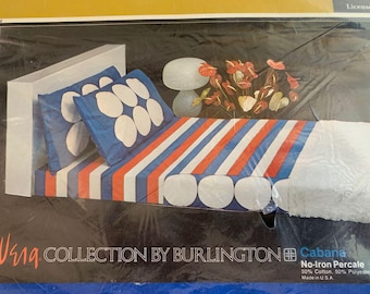 Vintage 70s Twin Fitted Vera Neumann Sheet: Cabana in Red White Blue NOS NIP