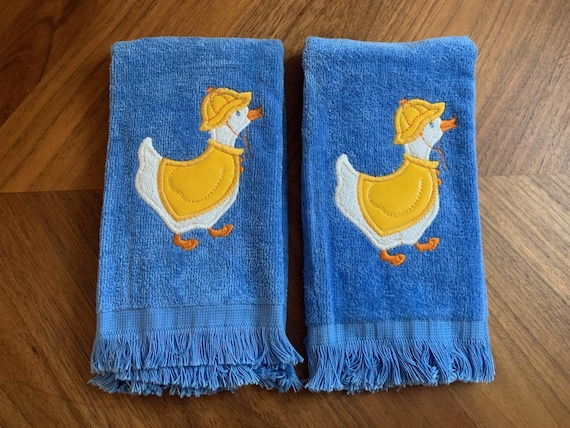 1970s Blue Fingertip Hand Towels - Retro Set of 2 - Duck Applique