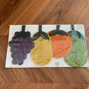 Vintage Woven Raffia Trivets: MCM Fruit Hot Pot Holders, Set of 4