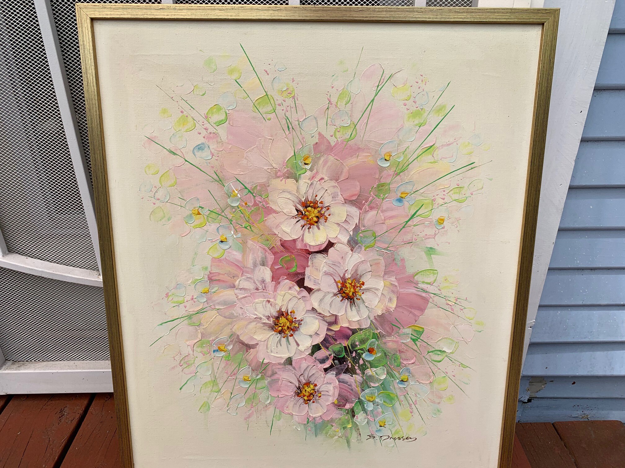 60s 70s Vintage MCM Flower Painting With Gold Frame / Acrylic on