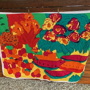 Huge Vintage Tropical Wrap or Scarf / Bright Colorful Floral, Fruit and Vegetables 80s 90s