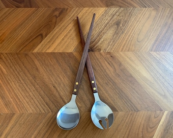 Vintage Mid Century Salad Serving Set, Teak Wood Handle Salad Tongs, Japanese Stainless Steel Utensils, MCM Barware