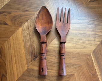 Vintage Hawaii Tiki Fork and Spoon Set: Carved Wood Wall Decor