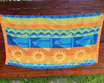 Ręcznik plażowy retro z lat 80. / Słońce i żaglówki / Żółty, pomarańczowy i niebieski