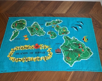 Ściereczka kuchenna z irlandzkiego lnu z Hawajów w stylu vintage, mapa wysp hawajskich z połowy XX wieku, wystrój baru tiki