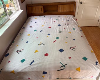 Vintage jaren 80 Cannon tweepersoons hoeslaken / Modern geometrisch raster / Primaire kleuren