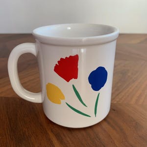 Vintage Marimekko by Pfaltzgraff Mug / Three Flowers / Red, Blue, Yellow and Green / Mod Floral Primary Colors Tulips