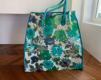 Vintage 60s Mod Clear Floral Tote Bag - Green and Blue Daisies