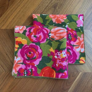 Vintage MCM Mod Floral Linen Napkins / Set of 2 / Pink, Orange and Green / 60s Mid Century Made in Ireland Braidwater