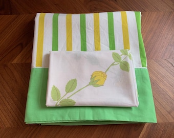 Vintage 70s Striped Twin Flat Sheet by Cannon Monticello with Dior Rose Pillowcase / Green and Yellow