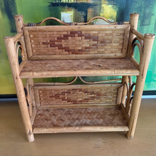 Vintage Burned Bamboo Rattan Shelf 15” Tiki Boho Wicker Wall Shelf Bathroom Storage