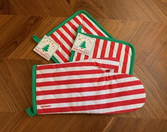 Vintage Marimekko Pot Holder & Oven Mitt Set para Fallani y Cohn / Rayas de Navidad