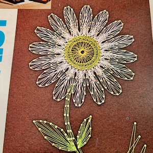 Può includere: Un kit di string art a forma di margherita con la parola "DAISY" in grandi lettere blu. La margherita è realizzata con filo bianco e ha un centro giallo. Il gambo e le foglie sono verdi.