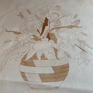 Vintage Sunset Stitchery Needlepoint Fabric &quot;Indian Basket&quot; 70s Crewel Wall Hanging 2290
