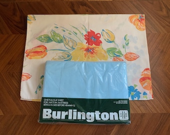 70s Light Blue Flat Sheet Set: Vintage Floral Pillowcase, NOS Burlington Bedding