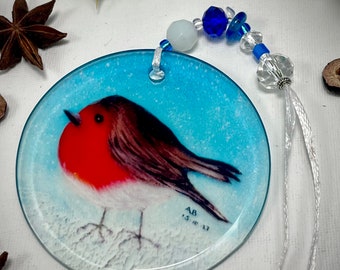 Robin Christmas Snow Tree Decoration,  Window Sun Catcher, Robin Gift Idea, Robins Appear When Loved Ones Are Near,