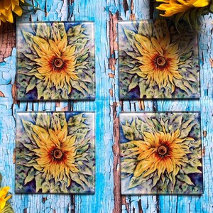 Sunflower Glass Coasters Set, Watercolor Floral Drinks Mat