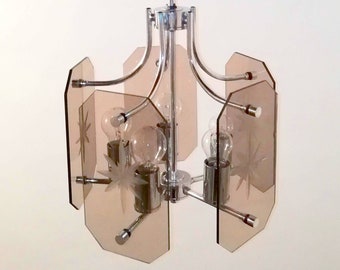 Midcentury Modern Chandelier / Smoked Glass Fontana Arte Veca Style Pendant Light / 70s Italy